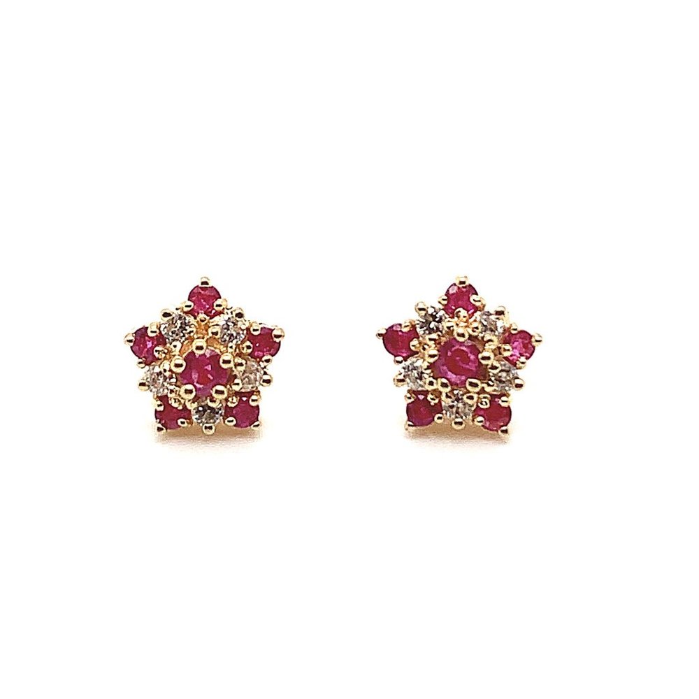 Ruby and Diamond Star Shaped Stud Earrings in 14K Yellow Gold